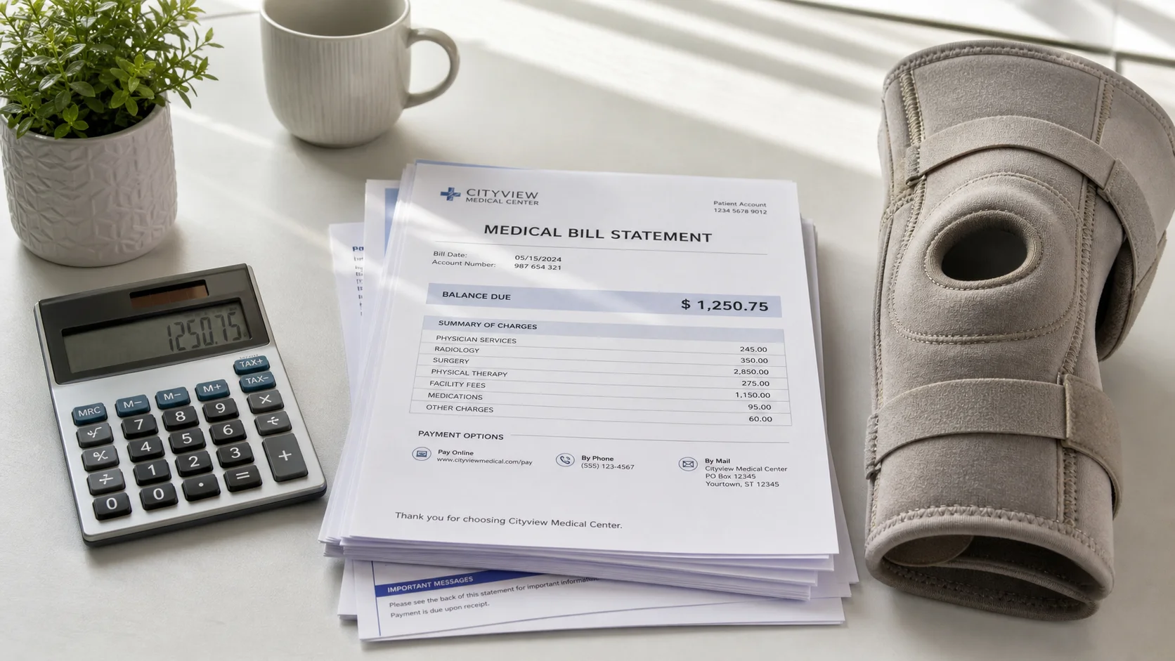 Calculator, medical bills and a knee brace on a desk