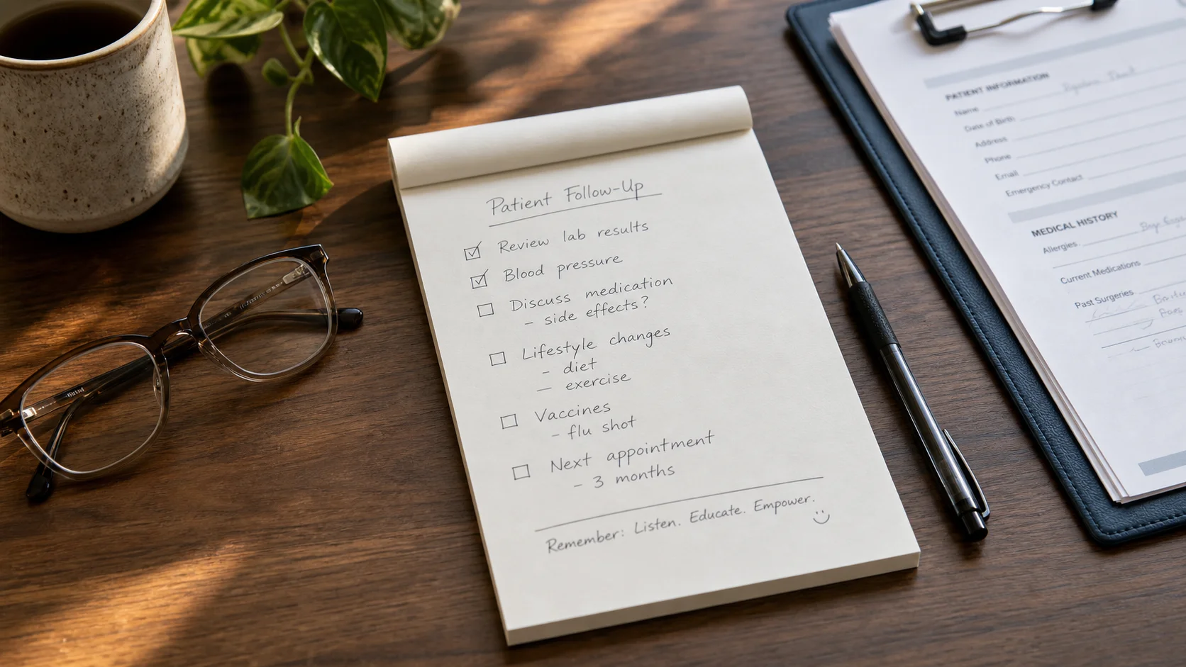 Handwritten checklist on a notepad beside reading glasses