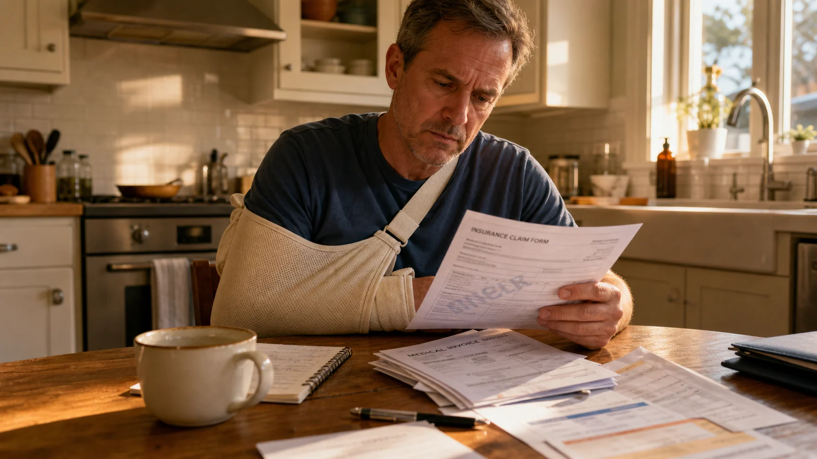 Man with arm in a sling reviewing medical paperwork